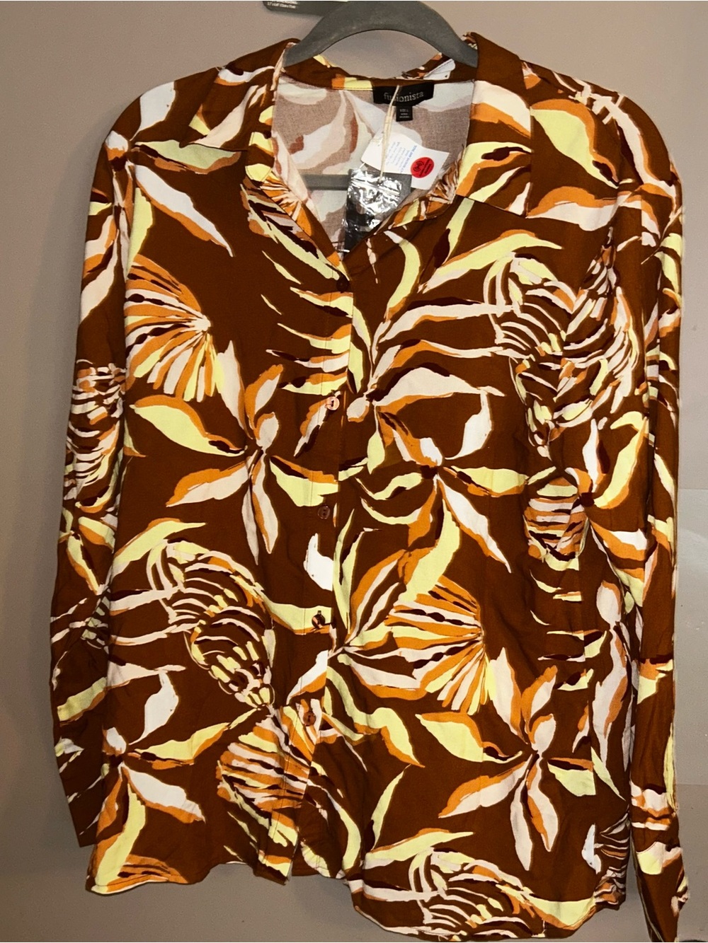WORTHINGTON Brown Floral-Print Button-Down Blouse